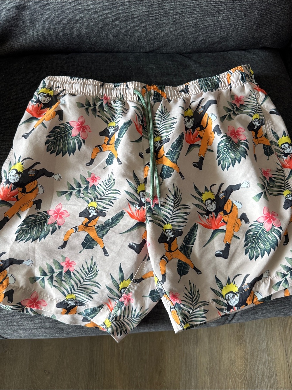 Men's Cream Swim Trunks with Orange & Pink Tropical Anime Print